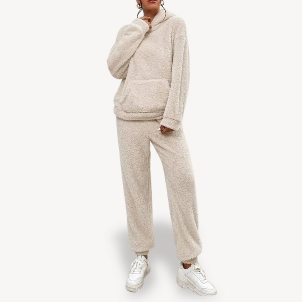 Bequemer Damen Hausanzug, zweiteiliges Set aus Kapuzenpullover und Jogginghose für entspannte Freizeit.