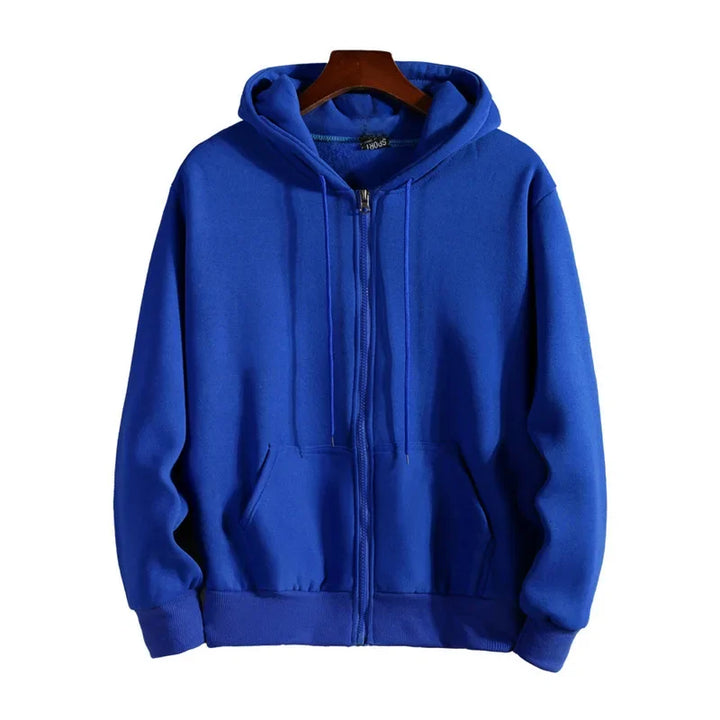Weicher Unisex Kapuzenpullover mit durchgehendem Reißverschluss. Vielseitiges Oberteil für Männer und Frauen. Casual Look.