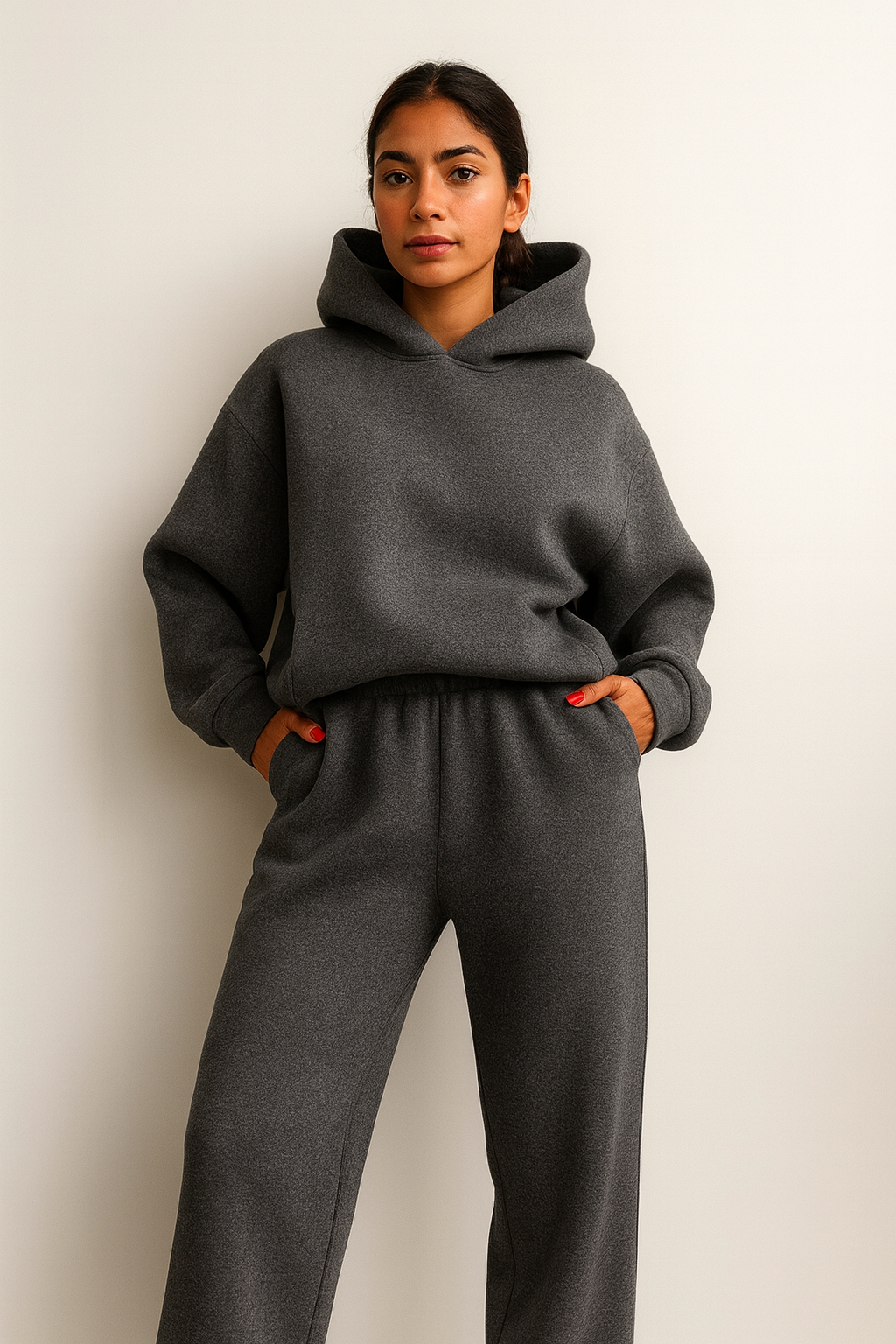 Elegantes Damen Loungewear Set Mikayla mit Kapuze. Stilvoller Hausanzug für Damen, komfortabel und modern.