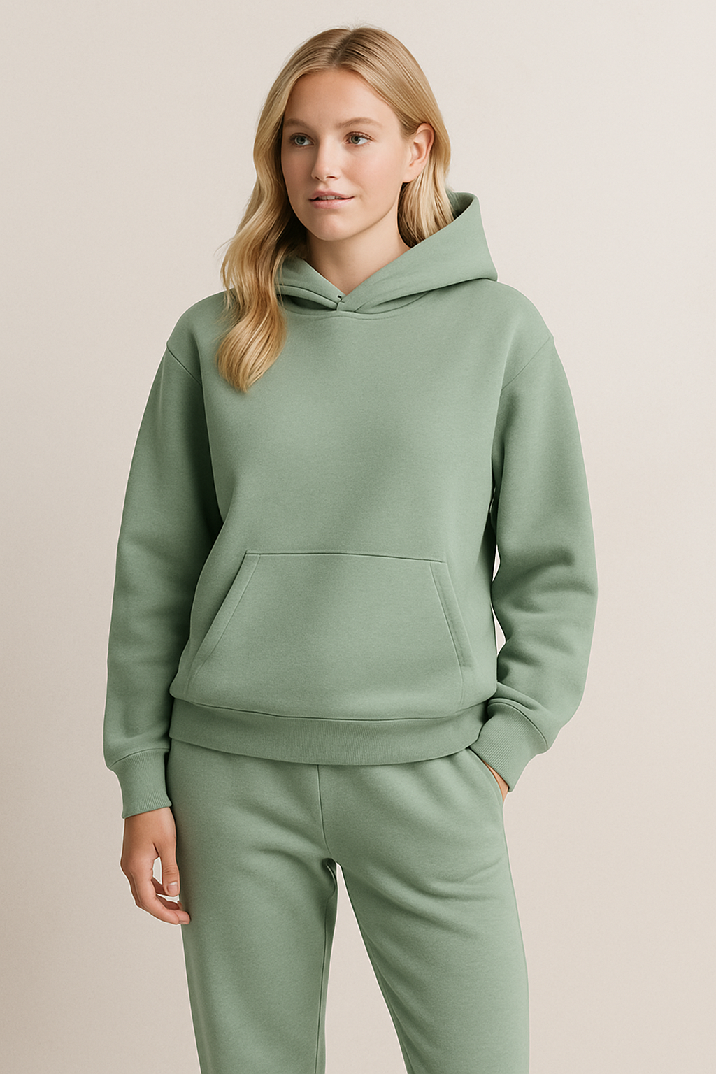 Trendiges Damen Loungewear Set Mikayla mit Kapuzenpullover & Hose. Must-have Komfortmode, stilvoll & gemütlich.