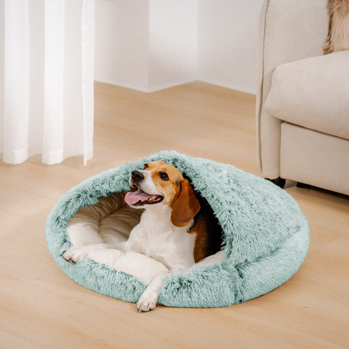 Premium Heimtierbedarf: Halbgeschlossenes Plüsch-Hundebett für maximale Gemütlichkeit und Ruhe.