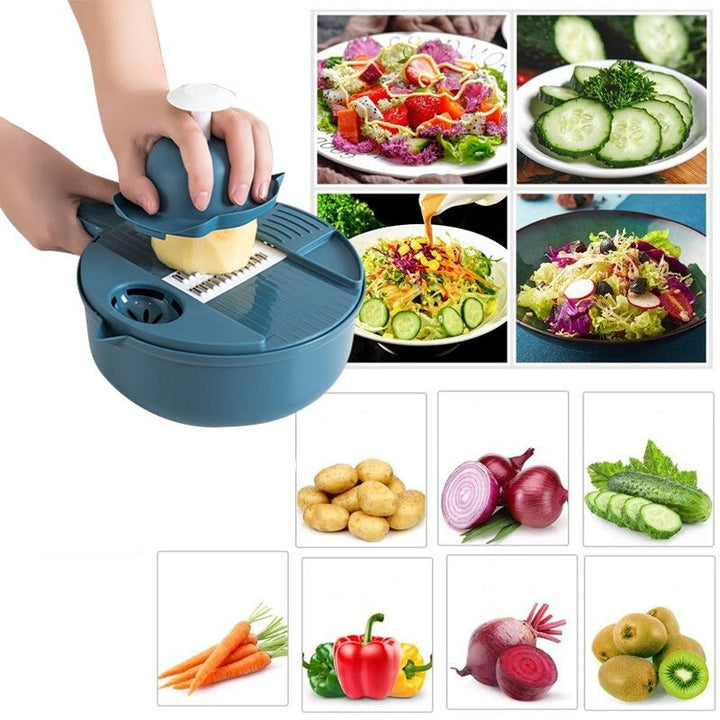 Multifunktionales 12-in-1 Küchen-Schneide-Set mit Gemüseschneider, Obstschneider und Raspel aus Edelstahl.