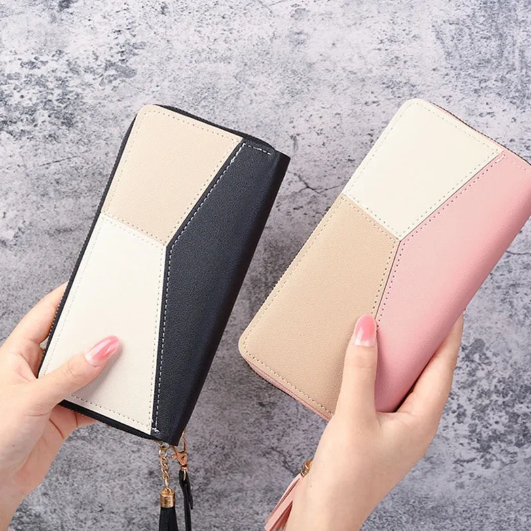 Elegante Damen Handgelenktasche, lange Geldbörse mit geometrischem Muster. Praktisches und modisches Frauen Accessoire.