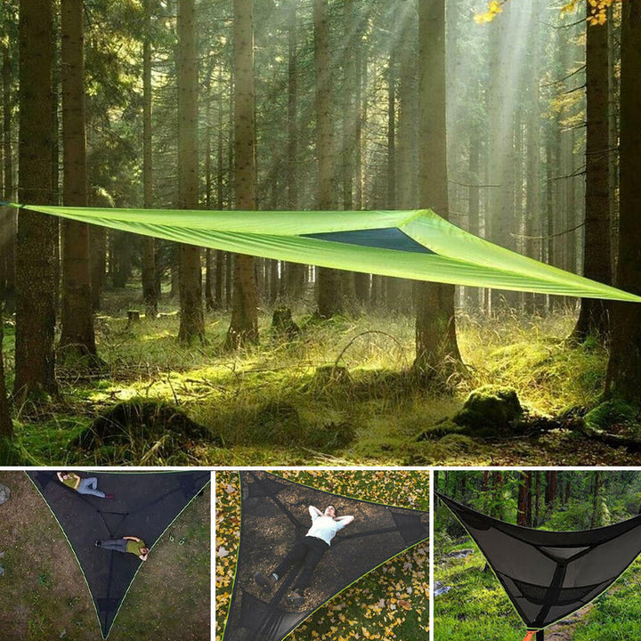 Hängematte für Gruppen, auch als Baumzelt nutzbar. Ideal für Familien-Camping & Outdoor-Reisen. Grün-Schwarz.