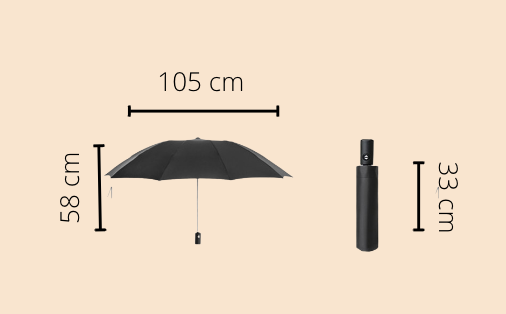 Person unter offenem automatischem Regenschirm mit Reflektorstreifen im Regen; bietet Sicherheit & Schutz.