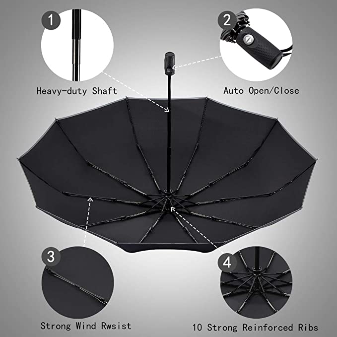 Sturmfester Automatik-Regenschirm mit Reflektorstreifen trotzt Wind und Regen; zuverlässiger Outdoor-Schutz.