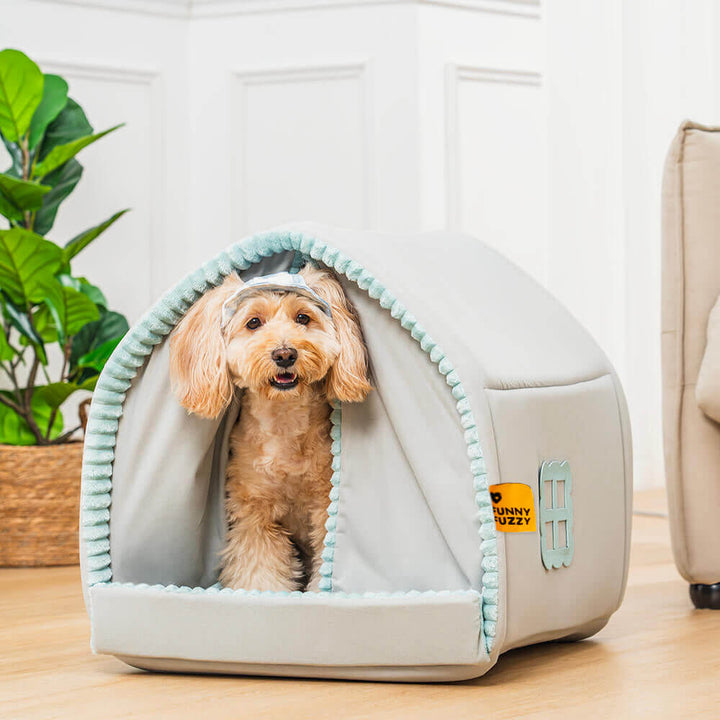 Waschbares Hundebett mit Doppelvorhang, ideal als saubere und gemütliche Kuschelhöhle für Hunde.