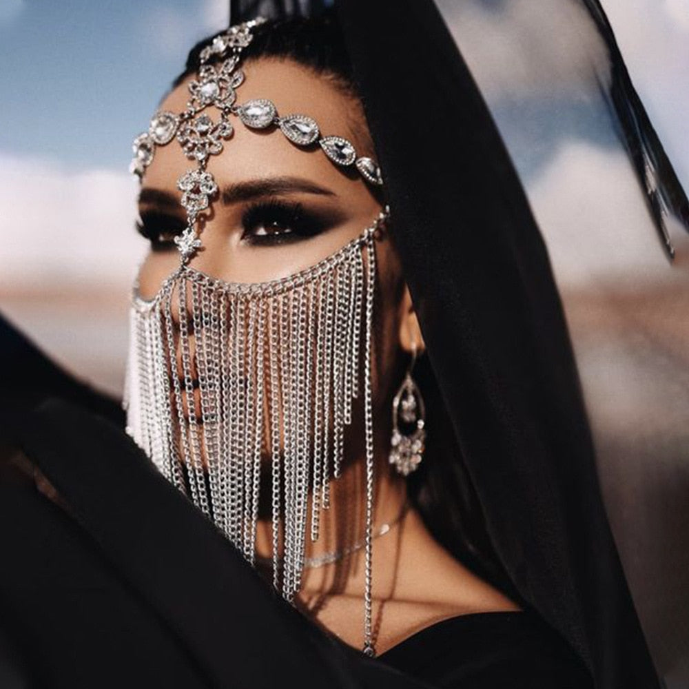 Luxuriöse Quasten Maske mit Strasssteinen, eleganter Schleier Gesichtsschmuck für besondere Anlässe.