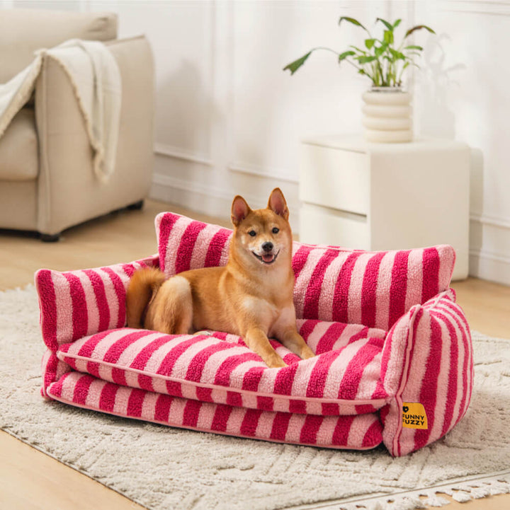 Gestreifter Ersatzbezug für Hundebett aus gemütlichem, pflegeleichtem Lammwolle-Imitat.