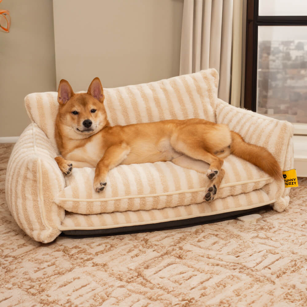 Perfektes gestreiftes Kuschelbett für kleine bis mittelgroße Hunde & Katzen, extra gemütlich & weich.