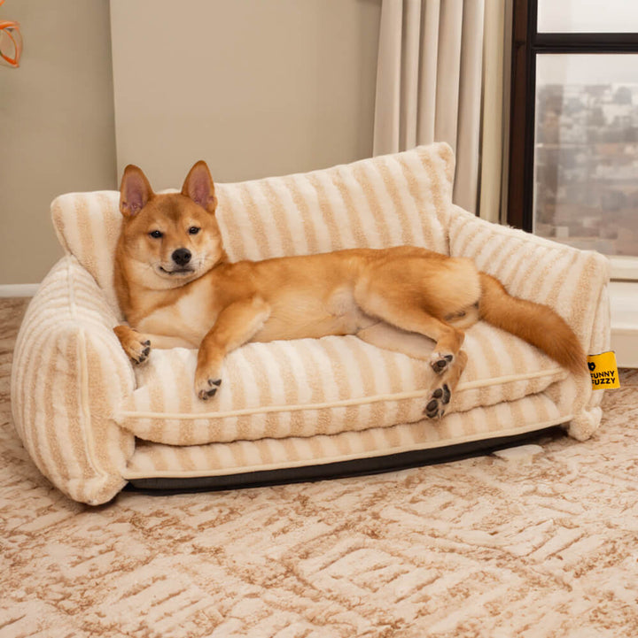 Perfektes gestreiftes Kuschelbett für kleine bis mittelgroße Hunde & Katzen, extra gemütlich & weich.
