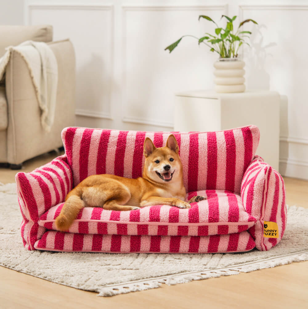 Elegantes gestreiftes Hundebett, waschbar und extra gemütlich für Ihren Vierbeiner. Passt perfekt in Ecken.