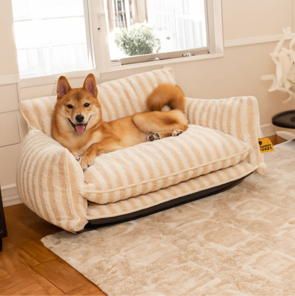 Modernes gestreiftes Haustierbett für Hunde & Katzen. Gemütliches Kuschelbett mit Lammfell-Touch.