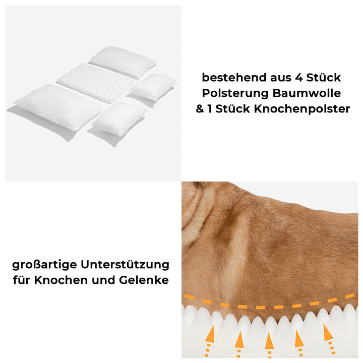 Ein glücklicher Hund ruht im gestreiften & waschbaren Kuschelbett, genießt den Komfort des Haustierbetts.