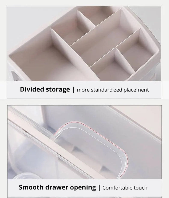 Kompakter Kosmetik Organizer. Platzsparende transparente Kosmetikbox für Make-up und kleine Utensilien.