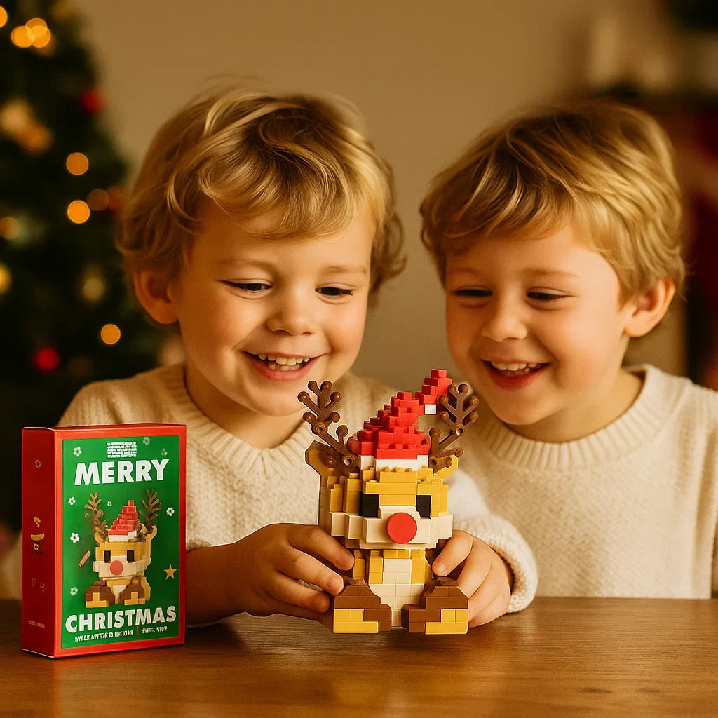 Bausteinfiguren Weihnachten, Santa, Elf, Schneemann als Puzzle-Spielzeug.
