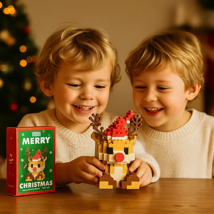 Bausteinfiguren Weihnachten, Santa, Elf, Schneemann als Puzzle-Spielzeug.