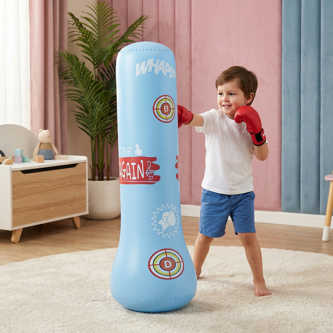 Blau-schwarzer aufblasbarer Kinder-Boxsack mit Wasserbasis für Stabilität. Ideal für Box- & Bewegungsspielzeug.