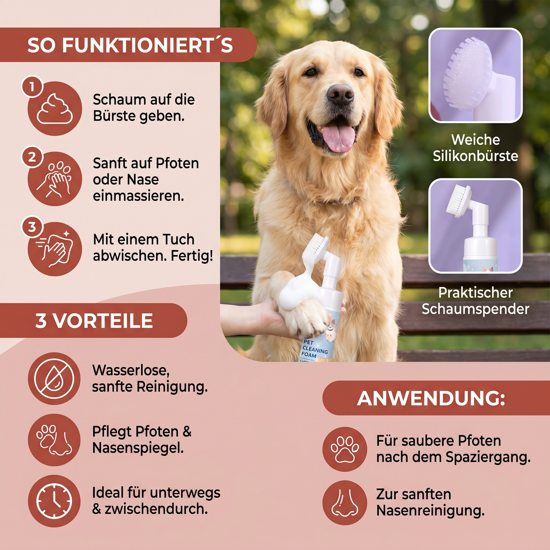 Flasche des Hunde Pfoten Reinigungsschaums mit Bürstenkopf. Speziell für wasserlose, schnelle Hundepflege.