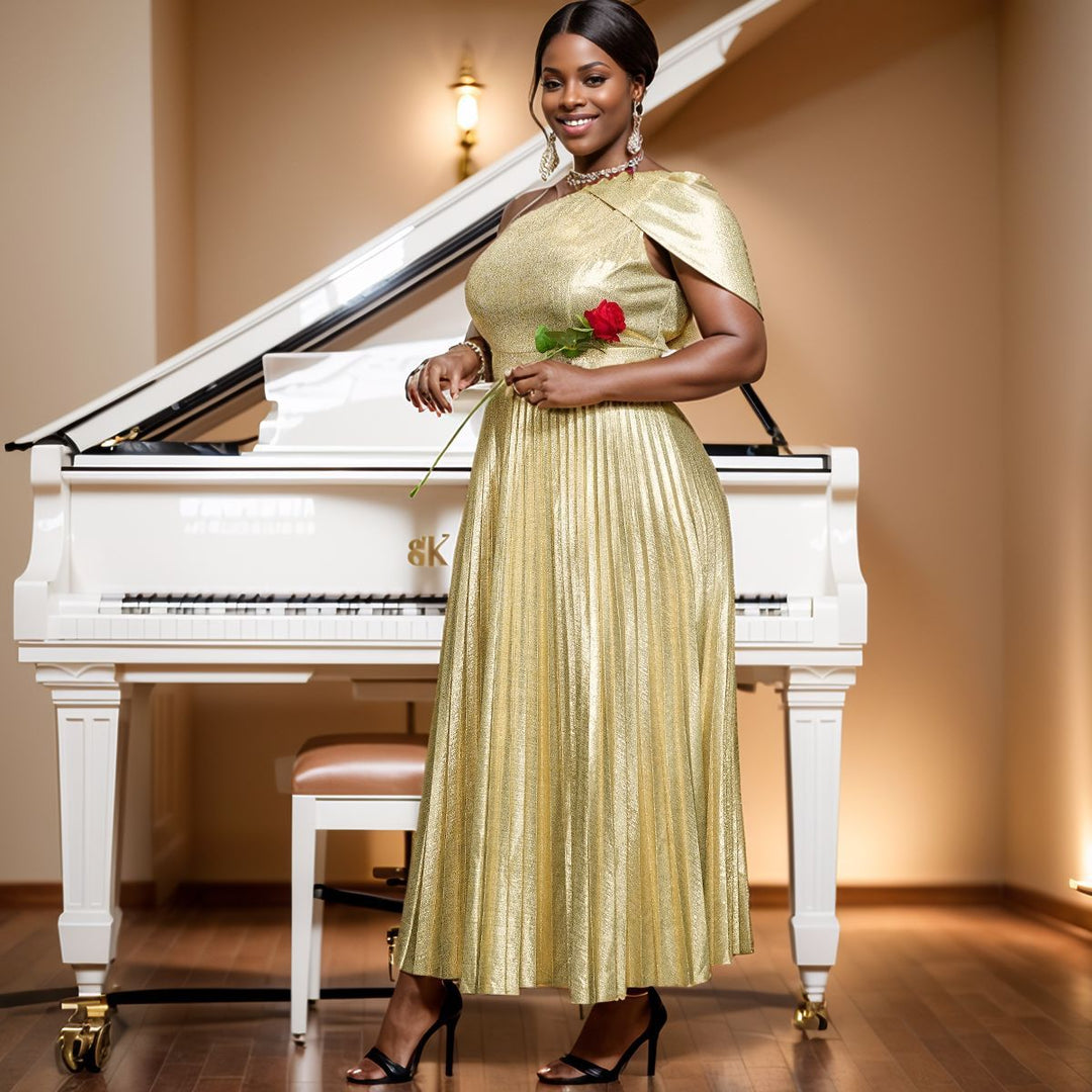 Glamouröses asymmetrisches Damen Maxikleid, schimmernd, elegant geschnitten, perfekt für festliche Anlässe.
