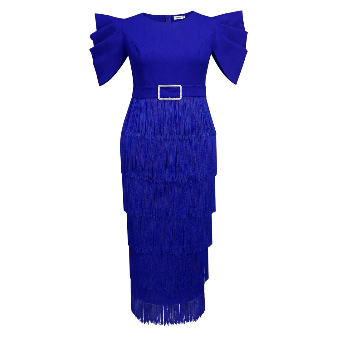 Schickes blaues Partykleid im Maxi-Stil für Damen, mit einzigartigen Rüschenschultern & dynamischen Fransen.