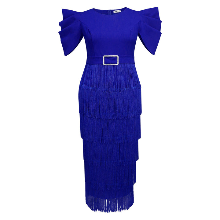 Schickes blaues Partykleid im Maxi-Stil für Damen, mit einzigartigen Rüschenschultern & dynamischen Fransen.