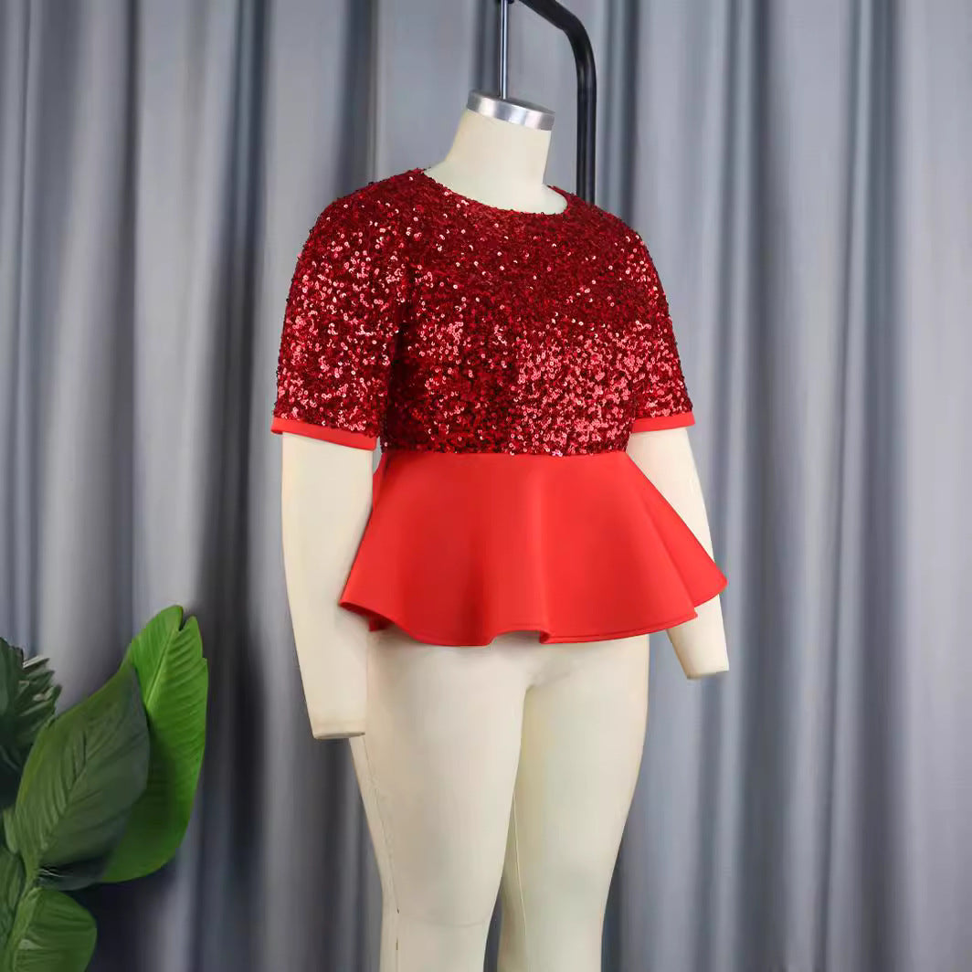 Elegantes Damen Glitzeroberteil mit Pailletten und Peplum-Design, ideal als Abendmode.