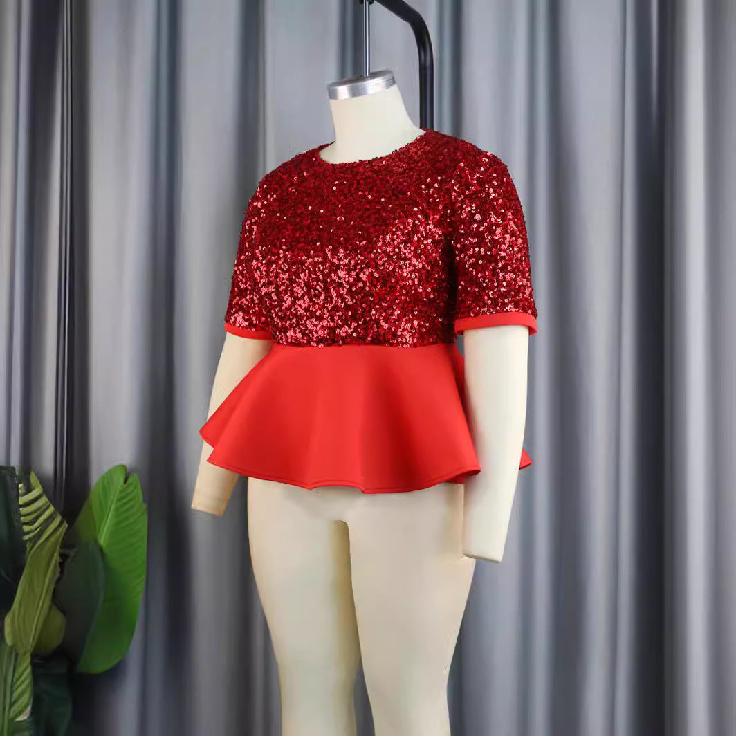 Modernes Damen Glitzer Peplum-Top mit Kurzarm. Festliches Pailletten-Oberteil für glamouröse Auftritte.