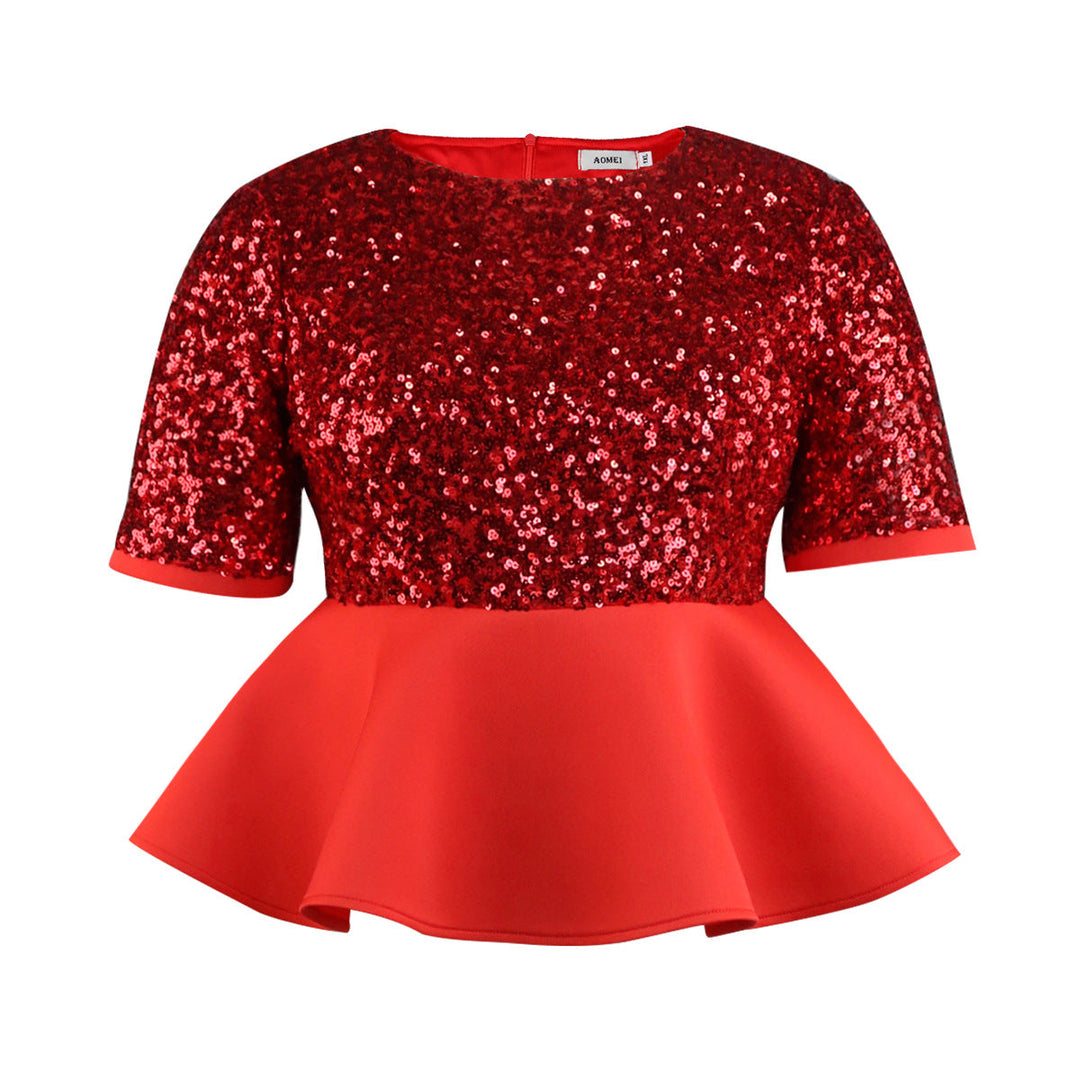 Schillerndes Damen Peplum-Oberteil mit Glitzer und Kurzarm. Perfekte Abendmode für einen eleganten Look.