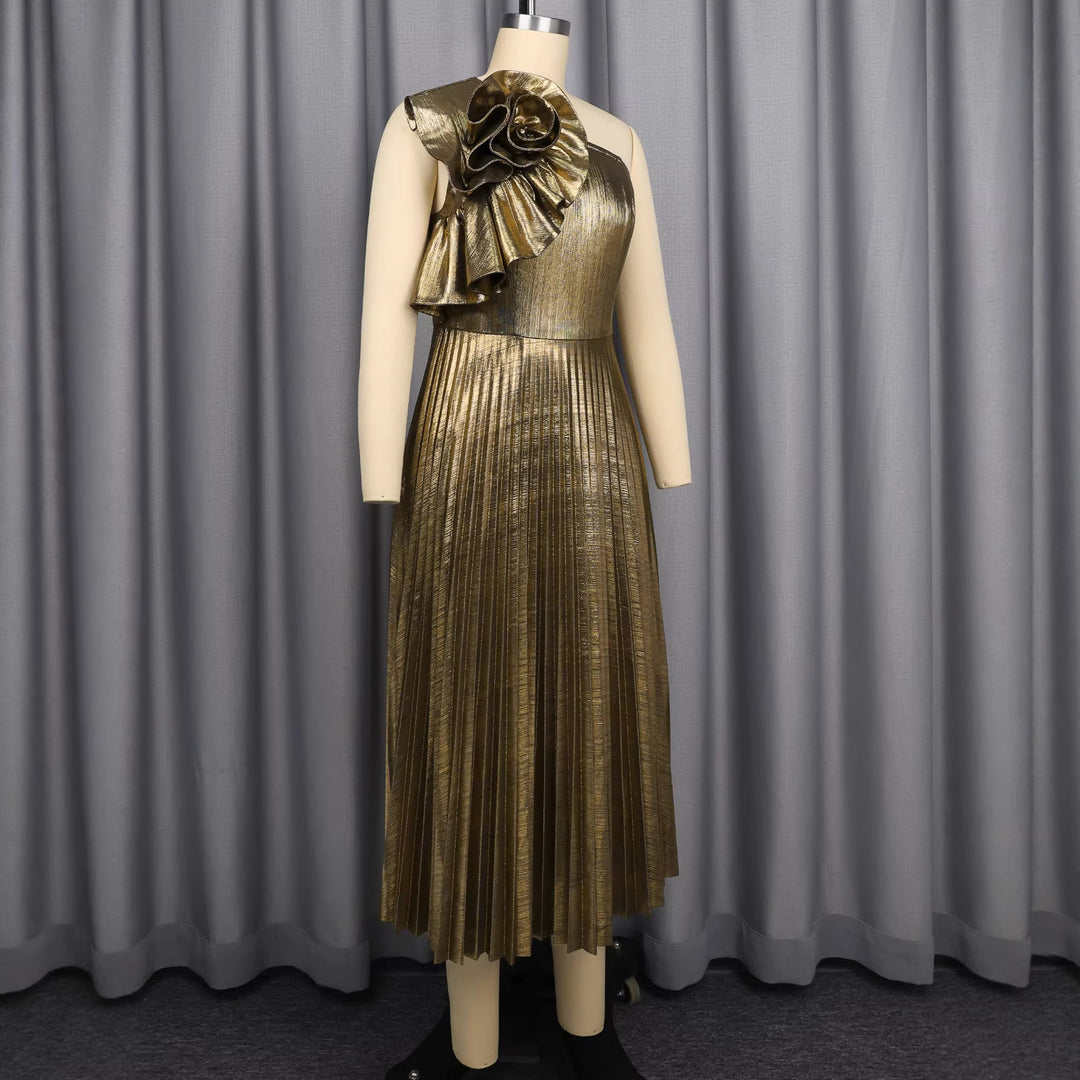 Goldenes Rüschenkleid für Hochzeitsgäste, asymmetrisches Abendkleid, ärmellos und elegant für besondere Feste.