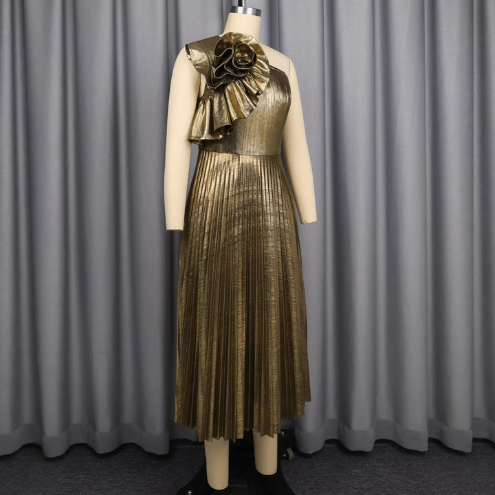 Goldenes Rüschenkleid für Hochzeitsgäste, asymmetrisches Abendkleid, ärmellos und elegant für besondere Feste.