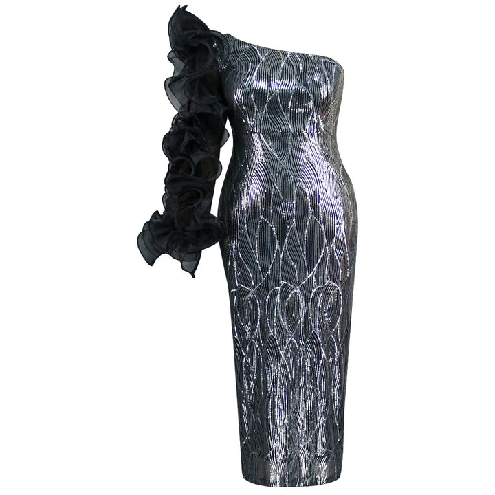 Damen Abendkleid für besondere Anlässe: Schulterfrei, mit dramatischen voluminösen Rüschenärmeln.