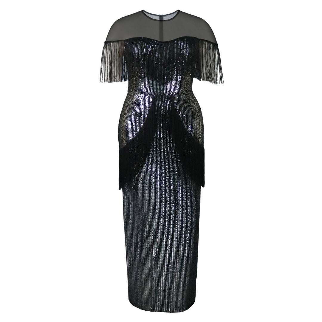 Damen Fransenkleid in Schwarz, elegant mit schillerndem Glanz-Effekt, ideal als festliches Eventkleid.