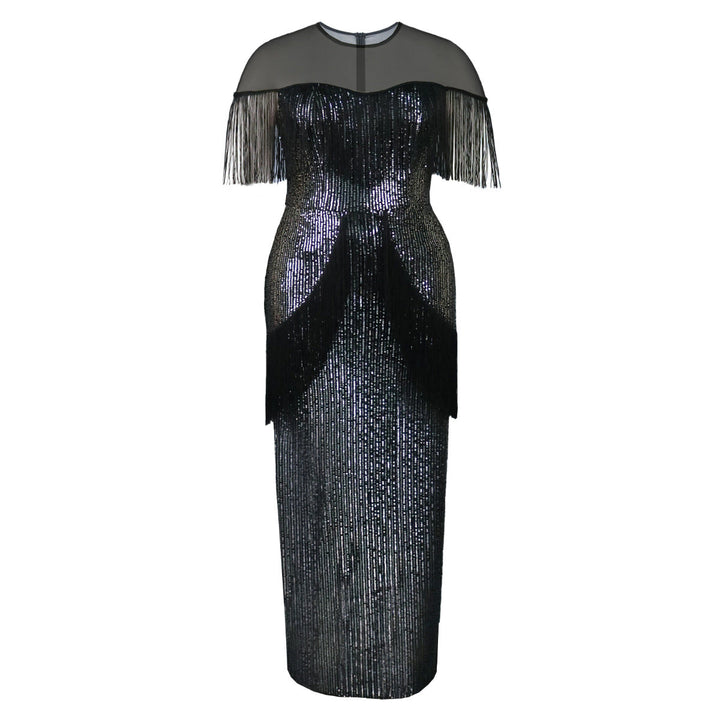 Damen Fransenkleid in Schwarz, elegant mit schillerndem Glanz-Effekt, ideal als festliches Eventkleid.