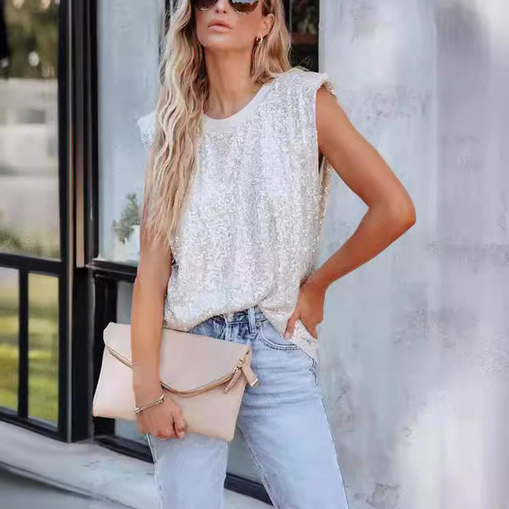 Glitzernde Damen-Rundhalsbluse für festliche Anlässe, schimmernd mit Eleganz und Pailletten.