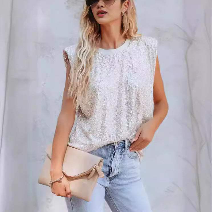 Elegante Damen-Glitzerbluse mit Rundhals in stylischer Passform, schimmernd für besondere Anlässe und Abendmode.