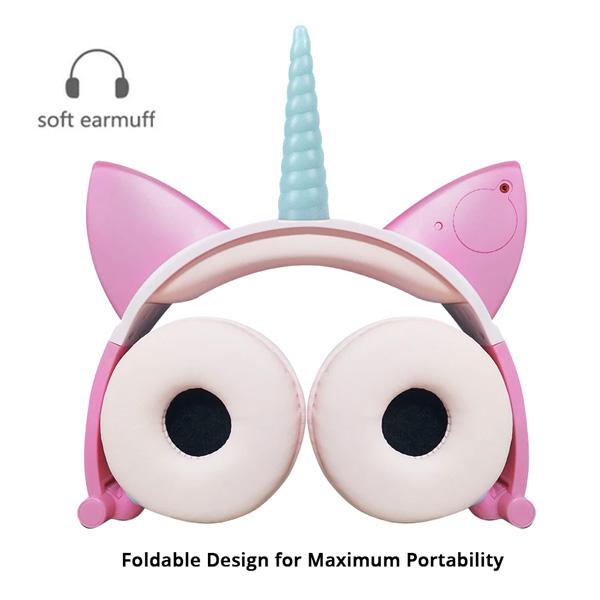 Tragbare Einhorn Kopfhörer in glitzerndem Design für Kinder. Mit LED-Lichtern und Diamanten für Mädchen.