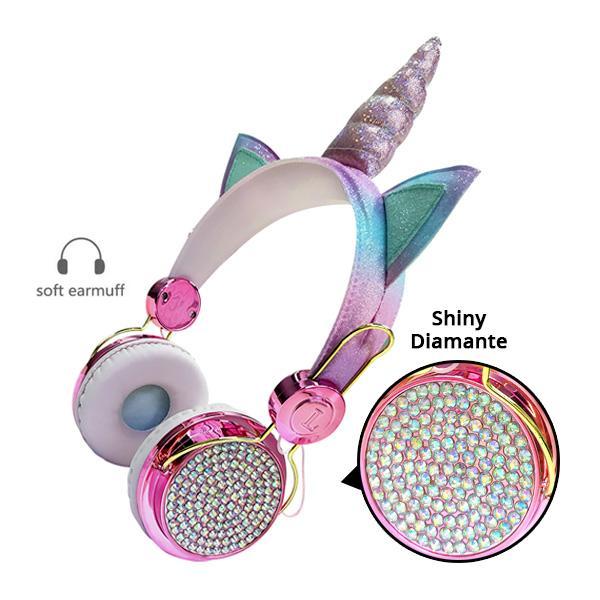 Hochwertiges Headset: Glitzernde Einhorn Kopfhörer mit LED-Beleuchtung und Diamanten für einhornliebende Kinder.