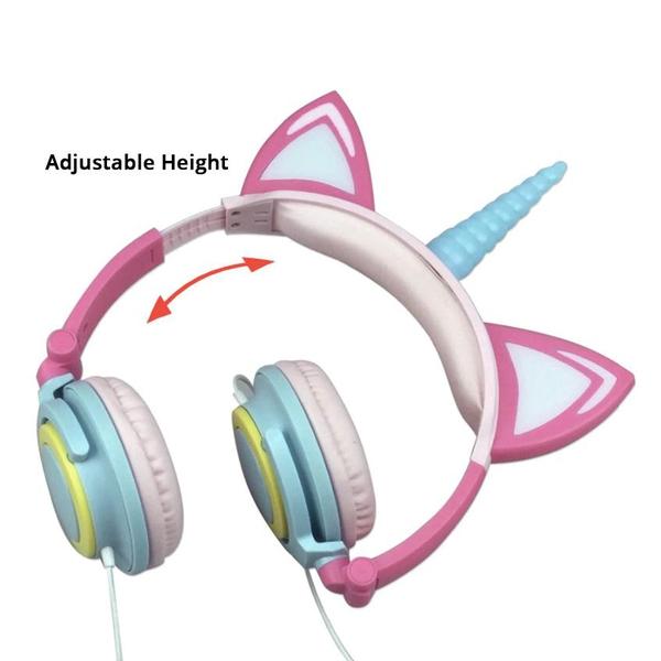 Seitenansicht der glitzernden Einhorn Kopfhörer mit LED-Leuchten. Robustes, tragbares Headset für Kinder.