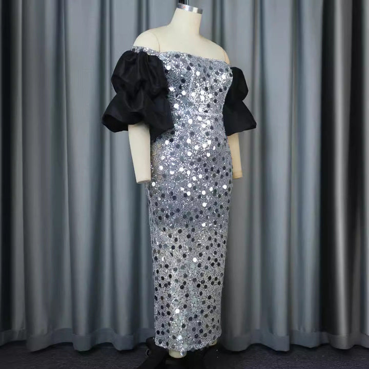 Elegantes Glitzer Ballkleid für Damen mit auffälligen Puffärmeln und Off-Shoulder-Design für Gala & Party.