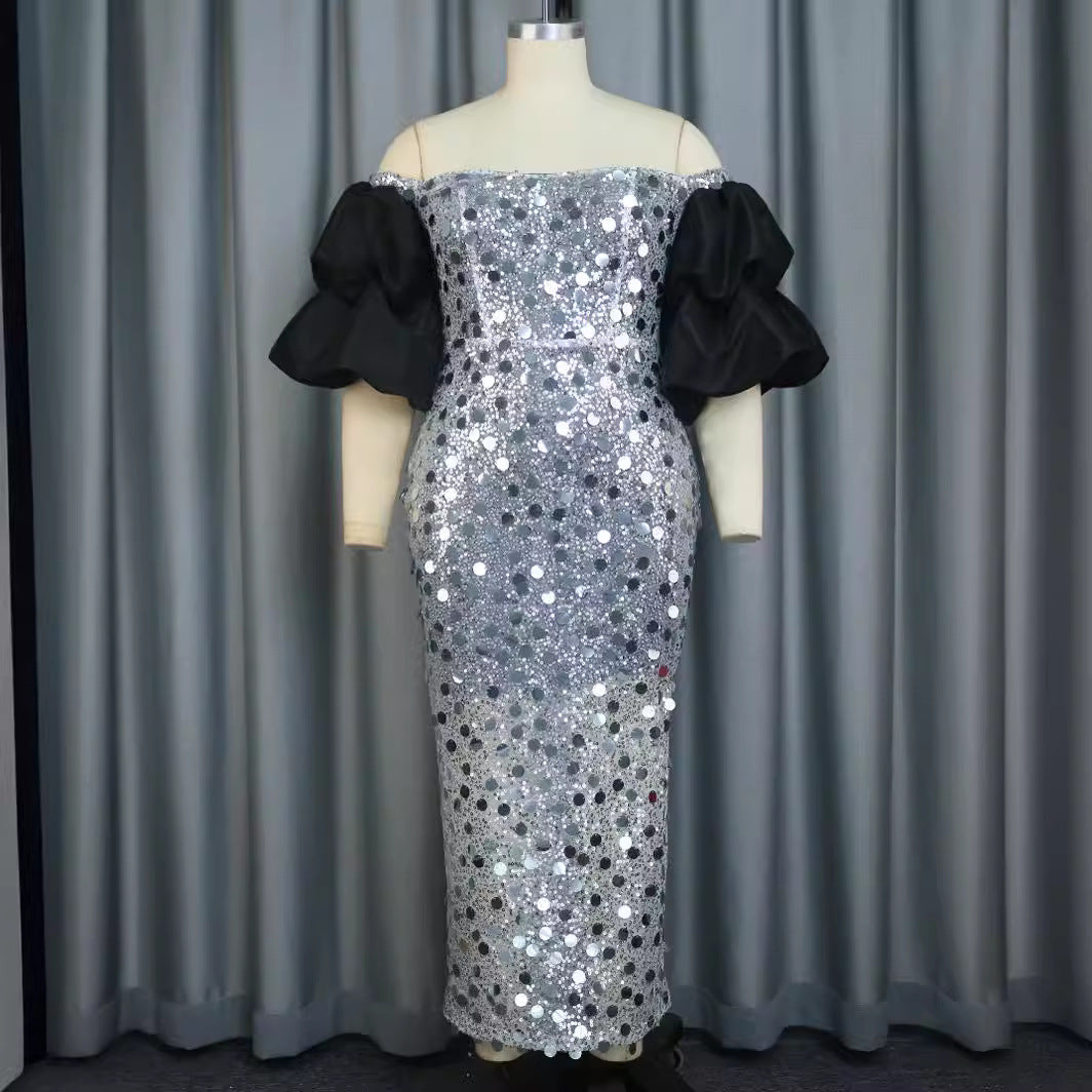Festliches Damen Gala-Abendkleid mit funkelndem Glitzerstoff und eleganten, schulterfreien Puffärmeln für Eleganz.