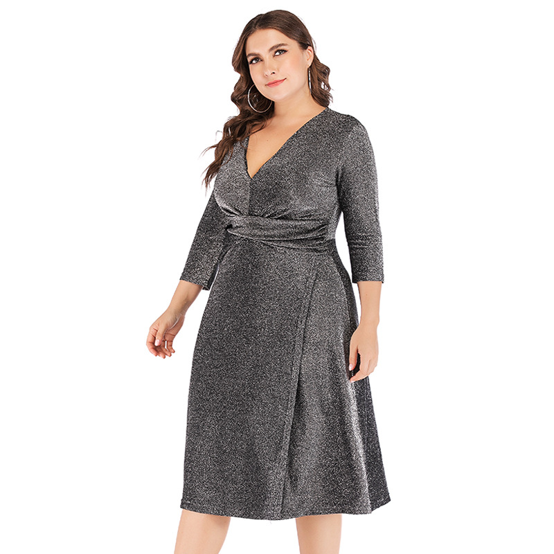 Schmeichelndes Damen Glitzer-Wickelkleid in Übergröße, elegantes festliches Langarmkleid für Herbst & Winter.