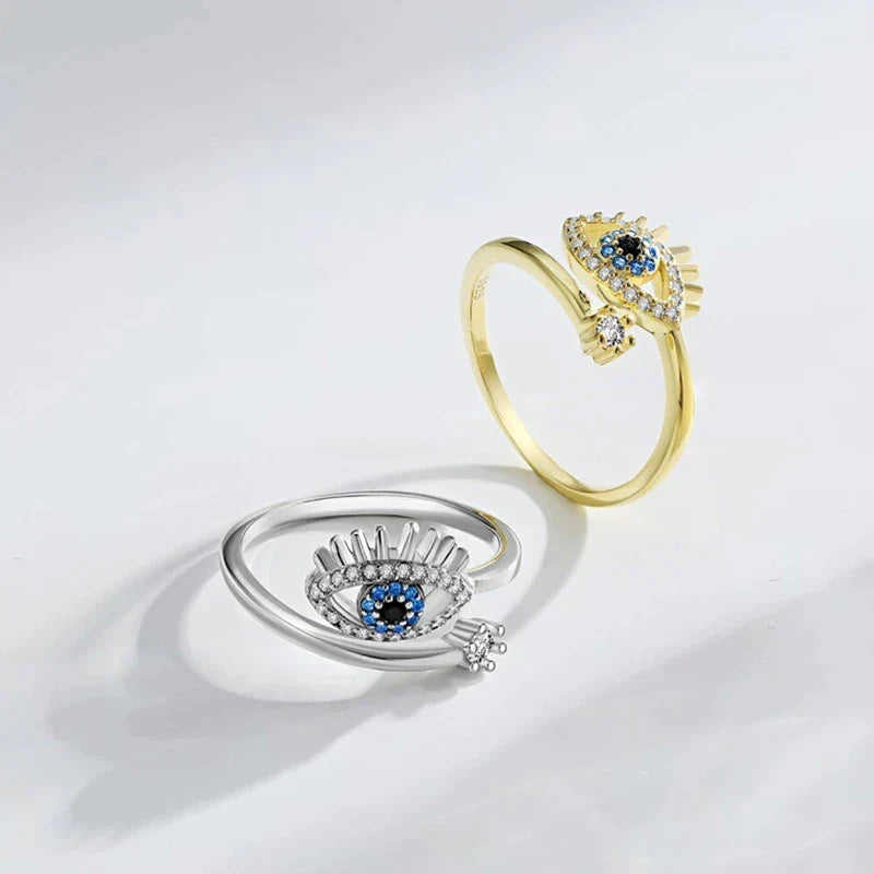 Eleganter Teufelsauge Ring mit Zirkon, aus poliertem Silber-Edelstahl, verstellbar, Schutzsymbol und Talisman.