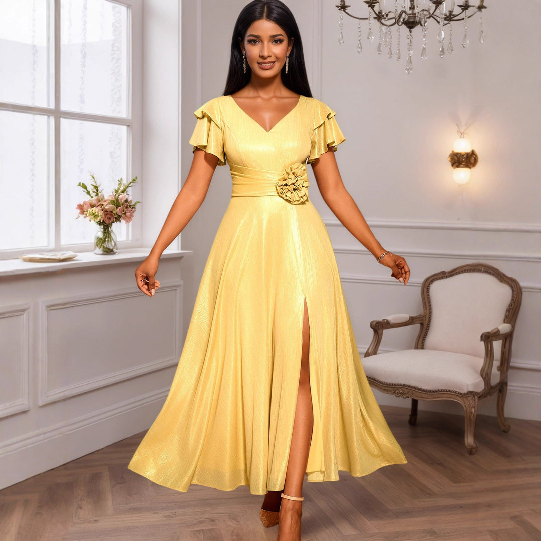 Golden Abendkleid mit elegantem V-Ausschnitt & voluminösen Rüschen für festliche Anlässe. Damen Partykleid.