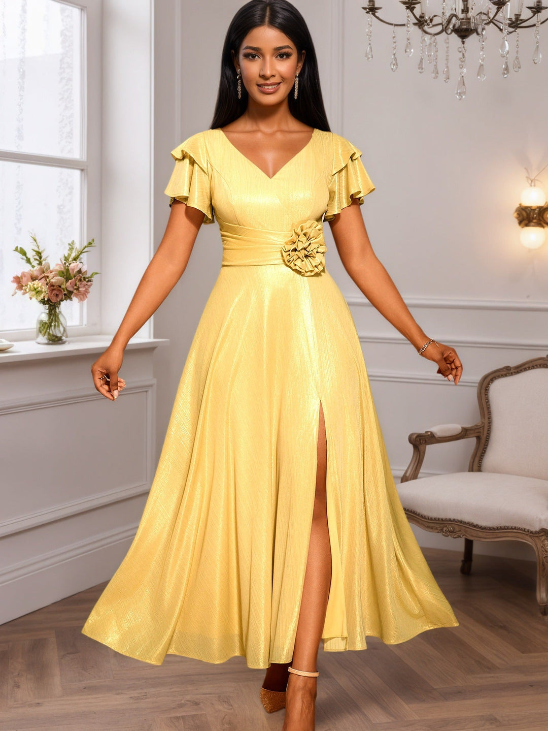Luxuriöses goldenes Abendkleid für Damen mit tiefem V-Ausschnitt & eleganten, fallenden Rüschen. Ein Hingucker.