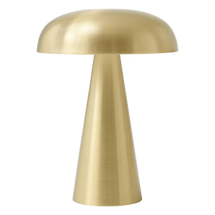 Tragbare Gold-Bronze Pilzlampe aus Metall, kabellose LED Tischleuchte für modernes Wohnen.