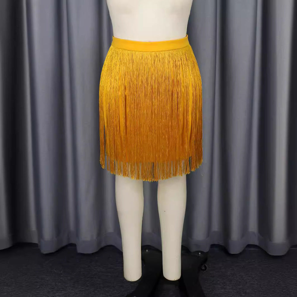 Eleganter goldener Fransenrock für Damen, perfekt für Partys und einen unvergesslichen Auftritt.
