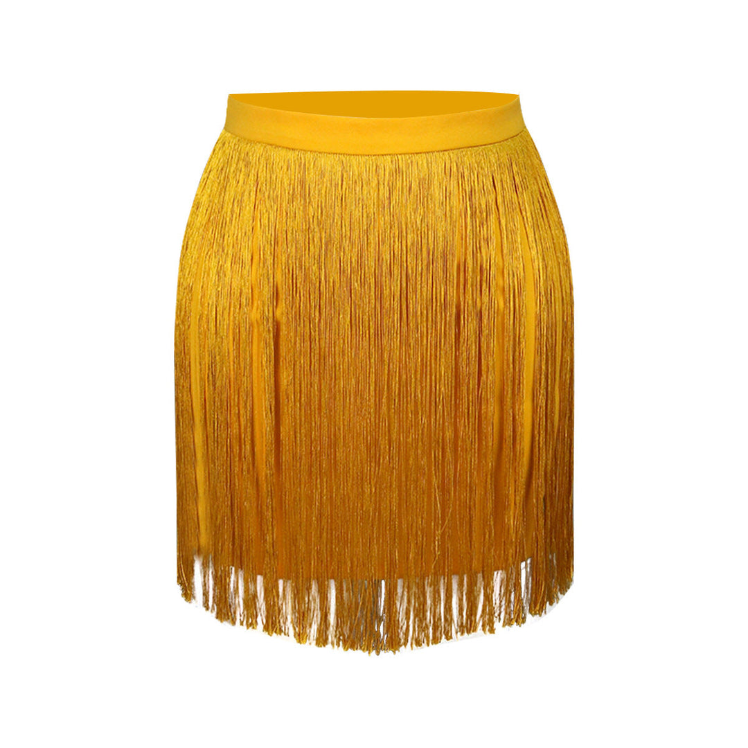 Festlicher Gold Fransenrock für Damen, der jedem Sommer-Outfit Eleganz und einen Hauch von Luxus verleiht.