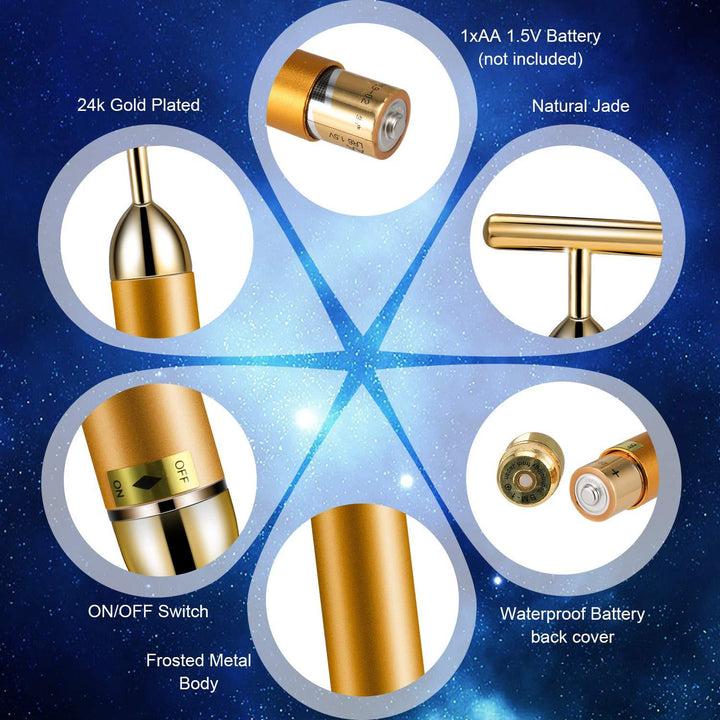 Ergonomischer goldener T-Bar Gesichtsmassager, optimiert für Anti-Aging-Behandlungen.