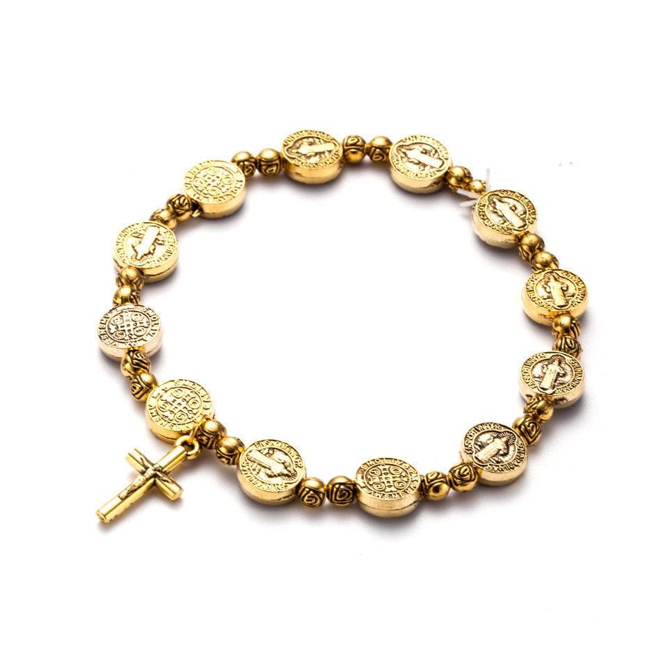Stylisches unisex Kreuzarmband, zweifarbig gold- & silberfarben, aus Metall, symbolisiert den christlichen Glauben.